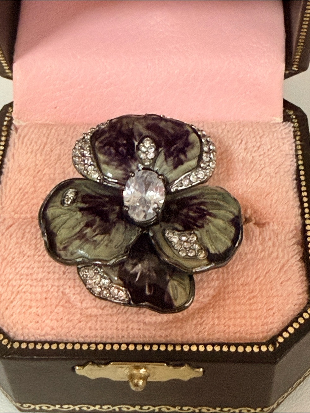 Juicy Couture Olive Green Enamel Pansy Ring with Crystal Center